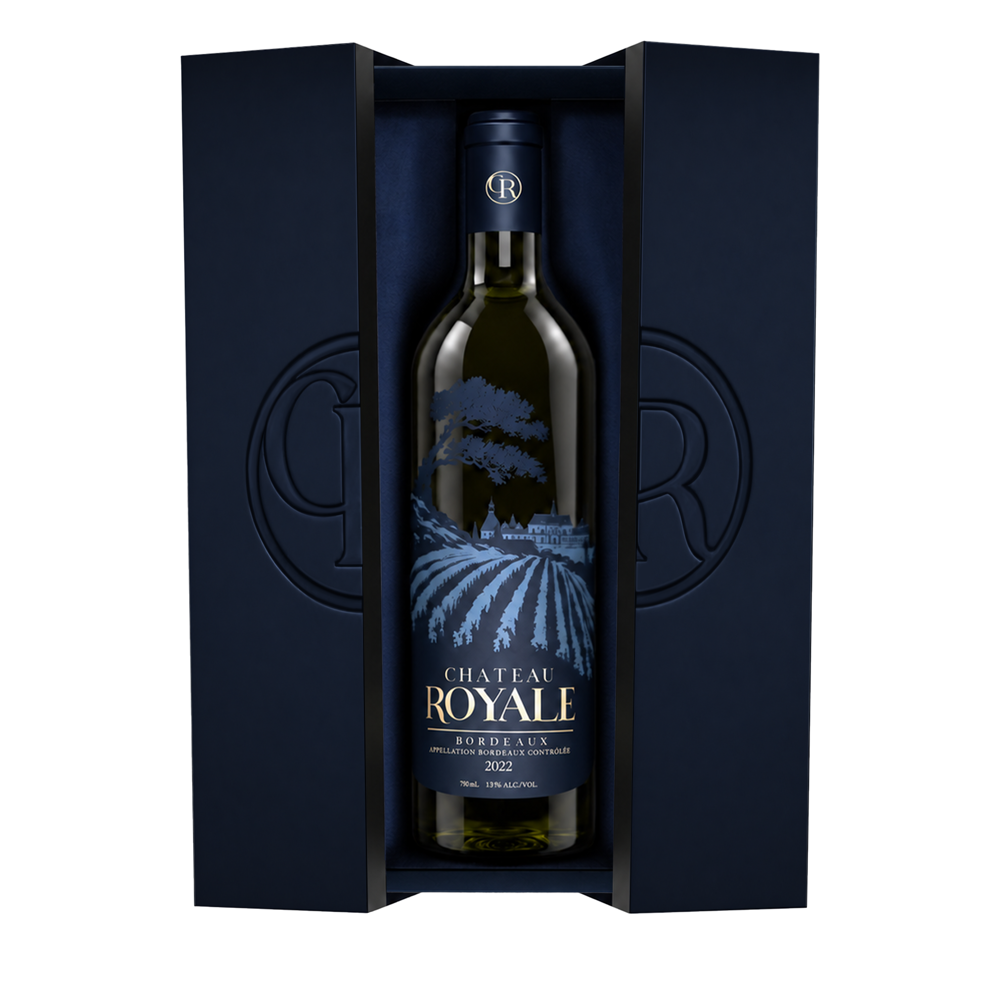 Château Royale presentation box angled view with bottle
