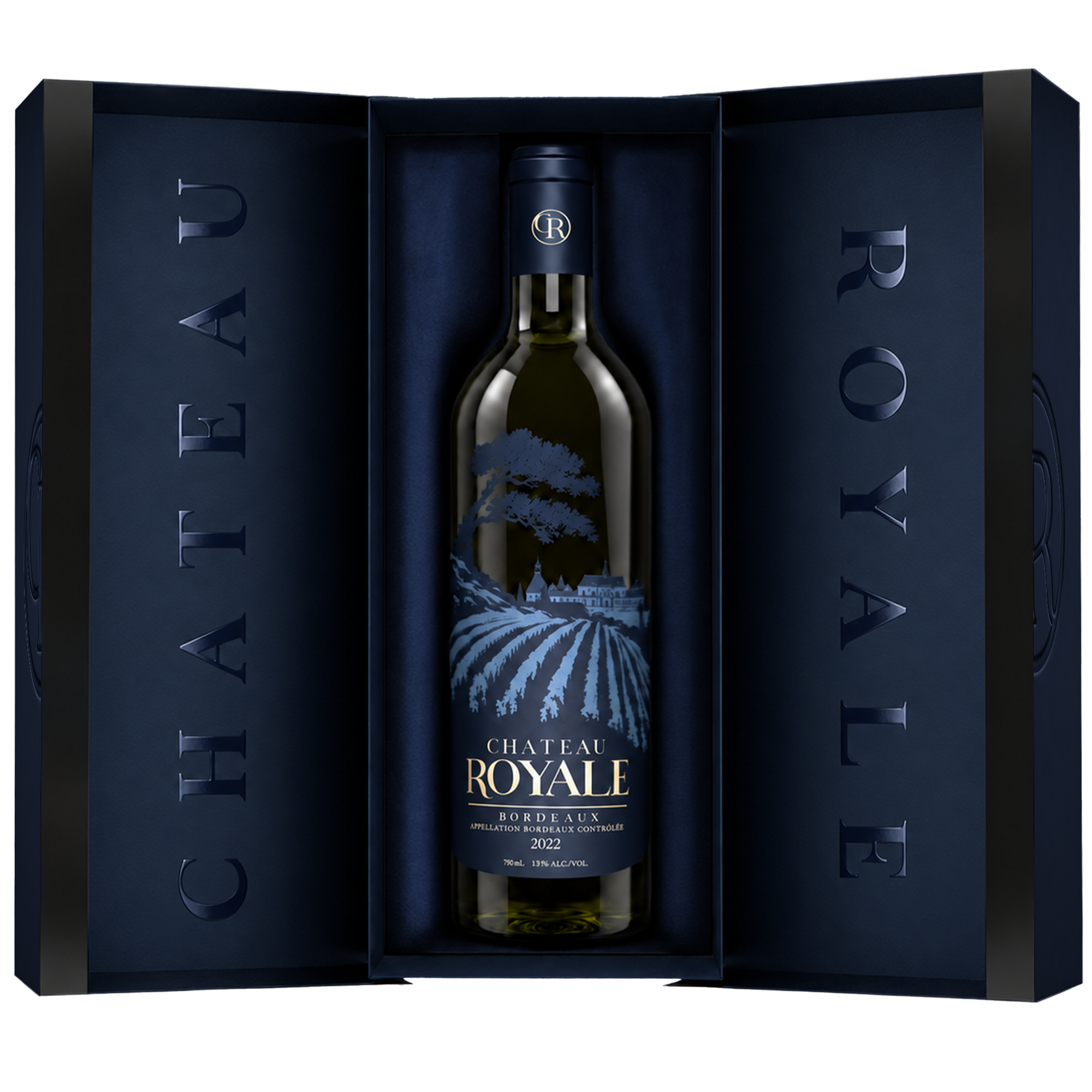 Château Royale presentation box fully open with bottle