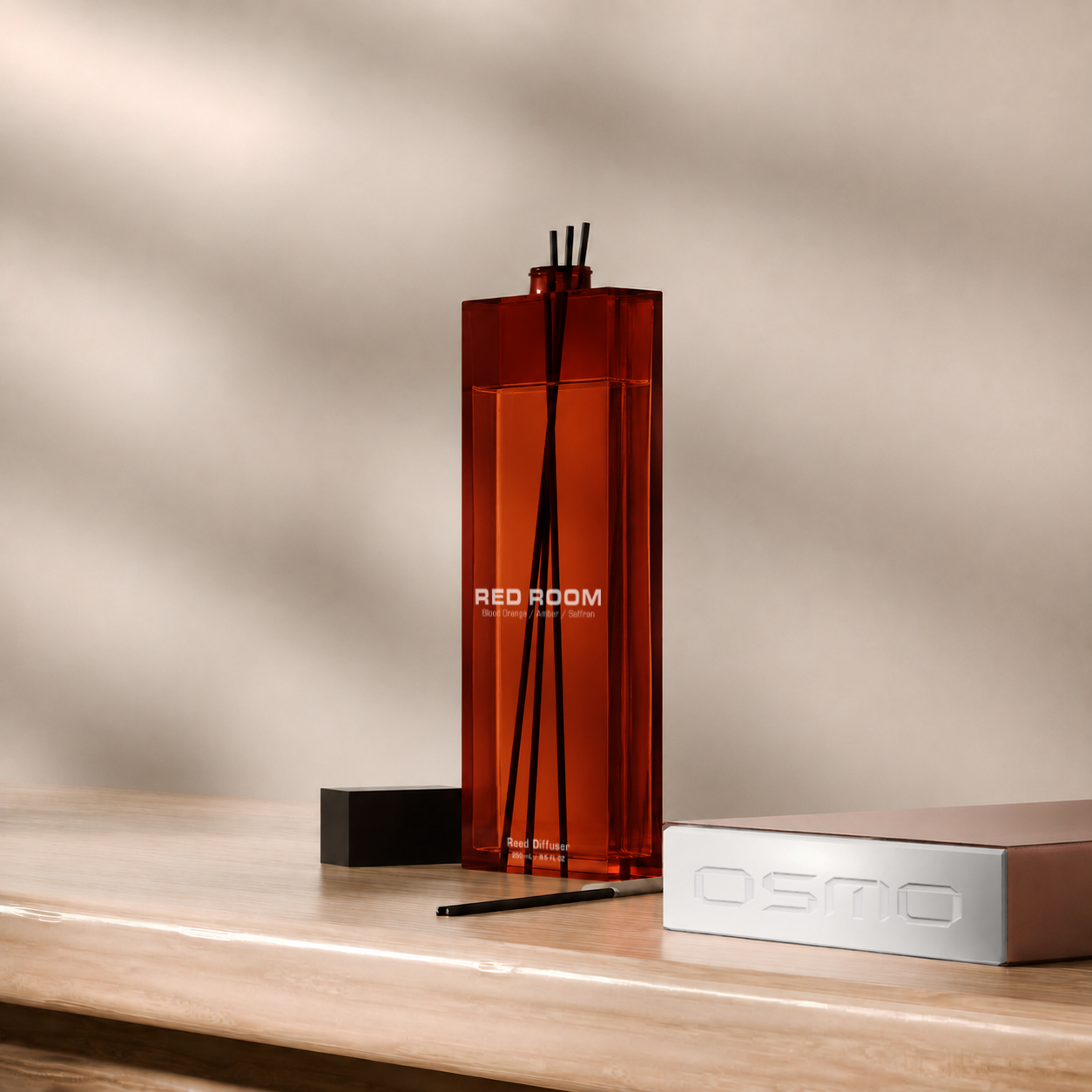 OSMO reed diffuser and packaging in a home environment