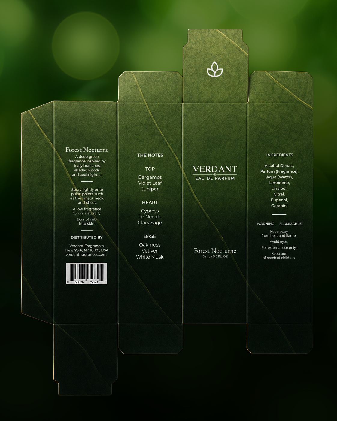 Verdant Rainwater 15 mL bottle emerging from an open folding carton
